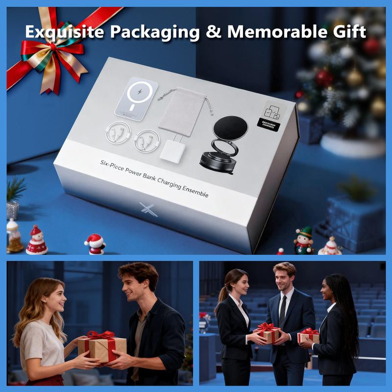 Holiday Haul Exclusive 6-In-1 Magnetic Charging Gift Set – 20W Fast-Charge Power Bank, Foldable Magnetic Stand, 20W USB-C Adapter, USB-C & Lightning Cables, Magnetic Ring & Suede Travel Pouch; Travel Kit for Iphone & Android, Perfect Holiday Gift
