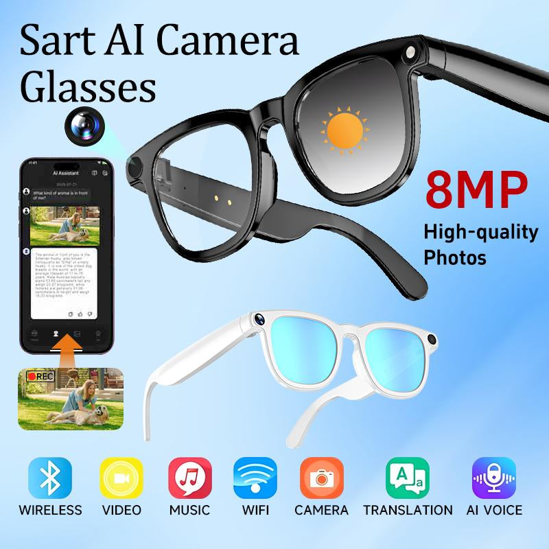 HIRO Smart AI Camera Glasses with 8MP Resolution Convenient Button Touch Adjustment for Travel Outdoor Adventures Hands-Free Photography 160+Languages Real-Time Translation Bluetooth Wireless Wearable Video Recording