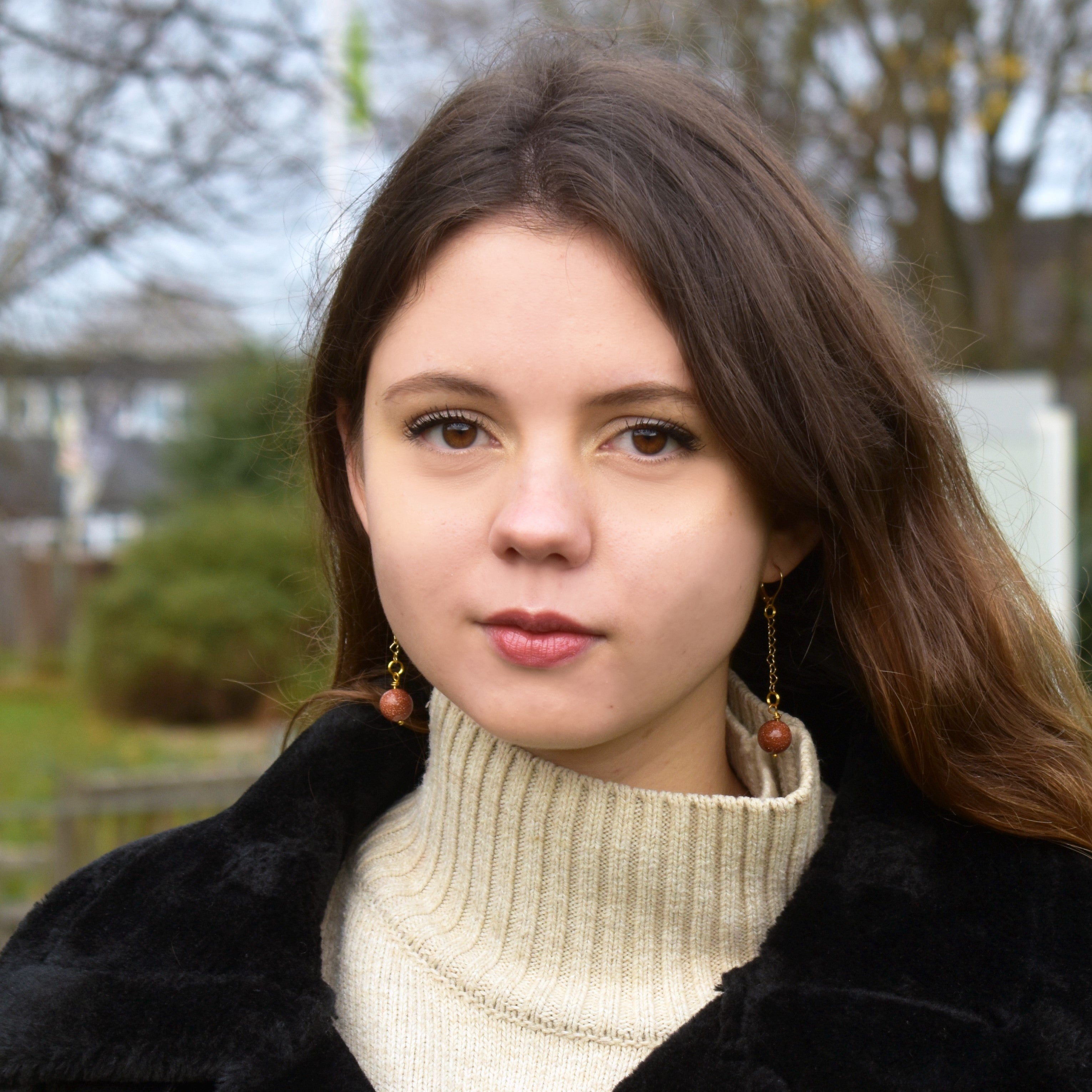 Brown Goldstone and Yellow Gold Vermeil Earrings, Heart Chain Earrings, Bloom Collection  | by nlanlaVictory-3