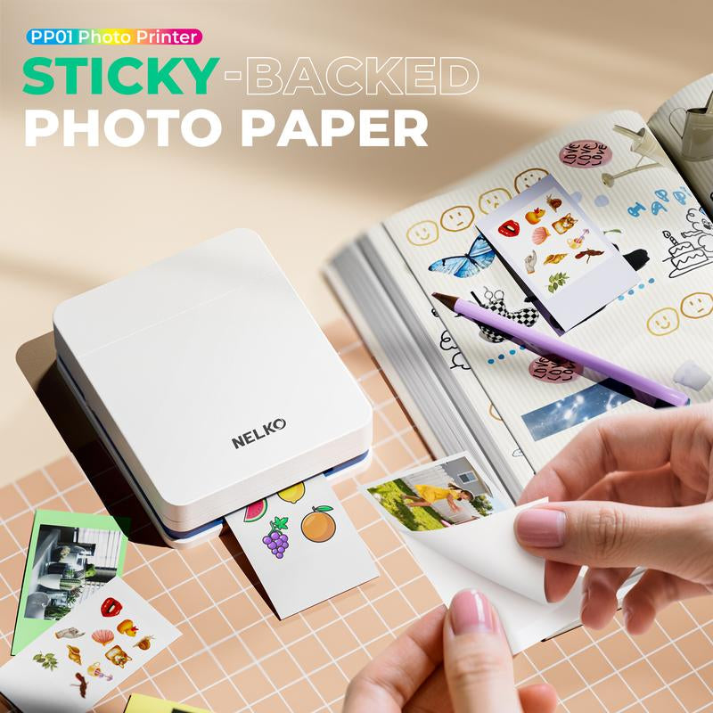 PP01 Portable Mini Color Wireless Mobile Printer, Instant Smartphone Photo Printer, Sticky-Back Photos, Bluetooth Compatible with Ios & Android Devices, Fun Editing App