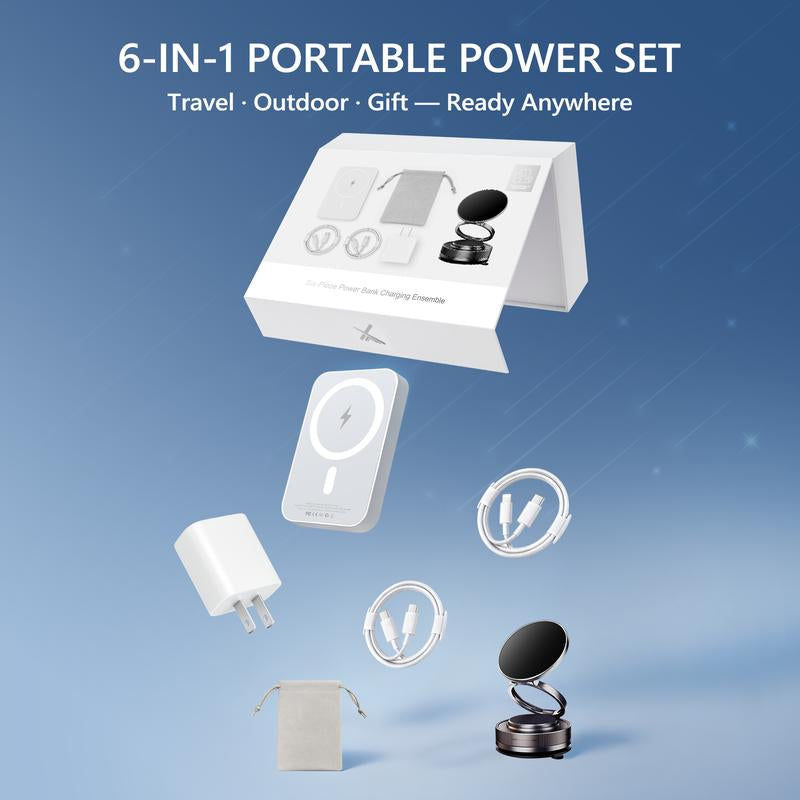 Holiday Haul Exclusive 6-In-1 Magnetic Charging Gift Set – 20W Fast-Charge Power Bank, Foldable Magnetic Stand, 20W USB-C Adapter, USB-C & Lightning Cables, Magnetic Ring & Suede Travel Pouch; Travel Kit for Iphone & Android, Perfect Holiday Gift