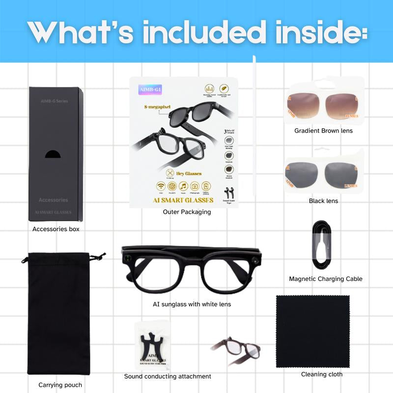 Smart AI Camera Glasses 8MP HD 1080P Video Recording Bluetooth Wi-Fi Voice Control Real-Time Translation Blue Light UV Protection Interchangeable Lenses 4H Playtime