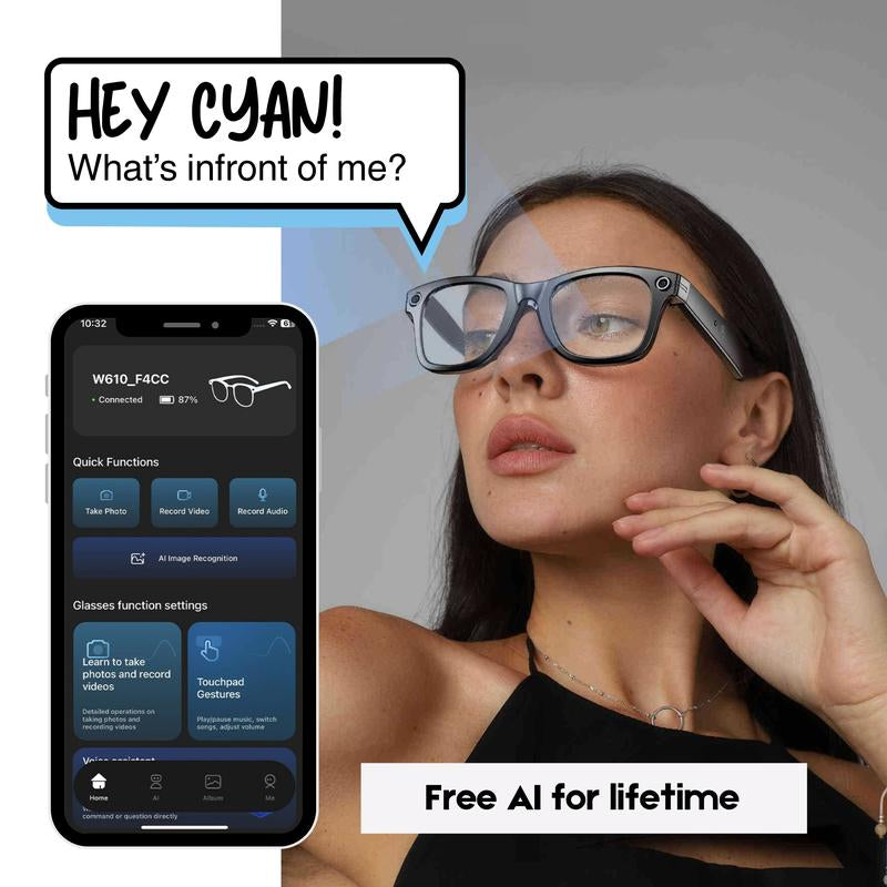 Smart AI Camera Glasses 8MP HD 1080P Video Recording Bluetooth Wi-Fi Voice Control Real-Time Translation Blue Light UV Protection Interchangeable Lenses 4H Playtime