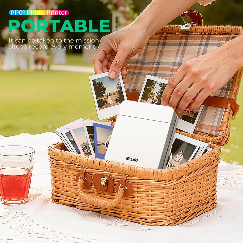 PP01 Portable Mini Color Wireless Mobile Printer, Instant Smartphone Photo Printer, Sticky-Back Photos, Bluetooth Compatible with Ios & Android Devices, Fun Editing App
