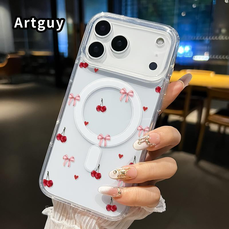 Cherry Bow Love Advanced Fashion Giftmagnetic Phone Case for Iphone 15 plus 17 16 Pro Max Air E 14 13 12 11 X XS XR Shockproof Soft Premium Stylish Durable Protection Case